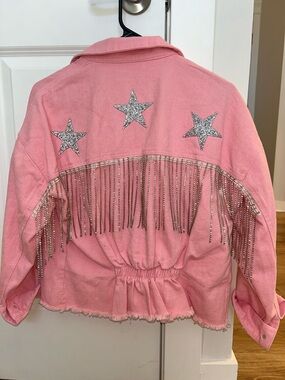 Woman’s Pink Fringe Jacket with Rhinestone Stars